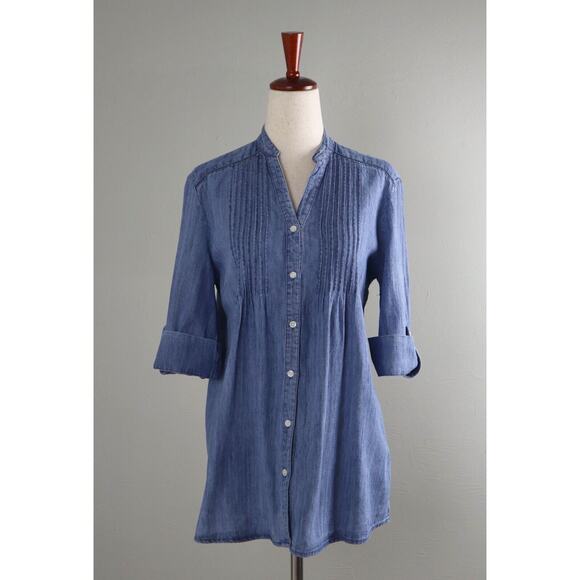 J. MCLAUGHLIN $148 Chambray Pleated Linen Blend Tab Sleeve Shirt Top Size XS - Picture 1 of 6